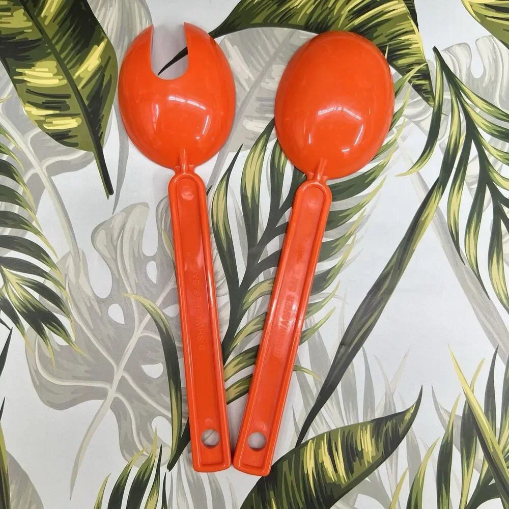 VINTAGE 1970s MCM Salad Serving Utensils Orange Melamine Spoon Slotted Fork